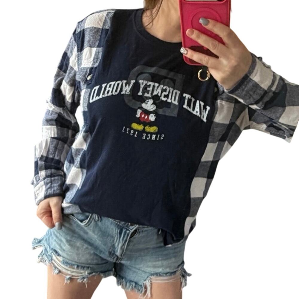 Walt Disney upcycled custom flannel shirt / tshirt combination blue graphic tee